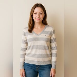 Tommy Hillfiger XL Lurex Metallic Striped V-Neck Sweater Top Bling Grey White Pr